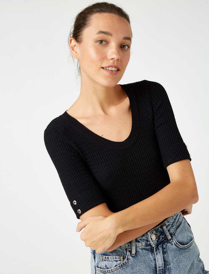  3 /4 Kol Düğme Detaylı V Yaka Triko Kazak