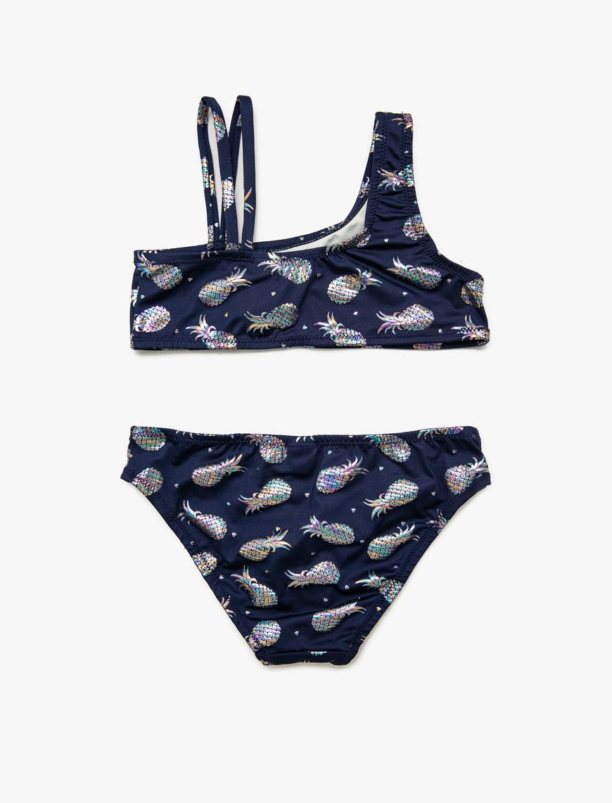  Kız Çocuk Bikini Takımı Asimetrik Kesim Parıltılı Ananas Baskılı