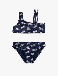 Bikini Takımı Asimetrik Kesim Parıltılı Ananas Baskılı