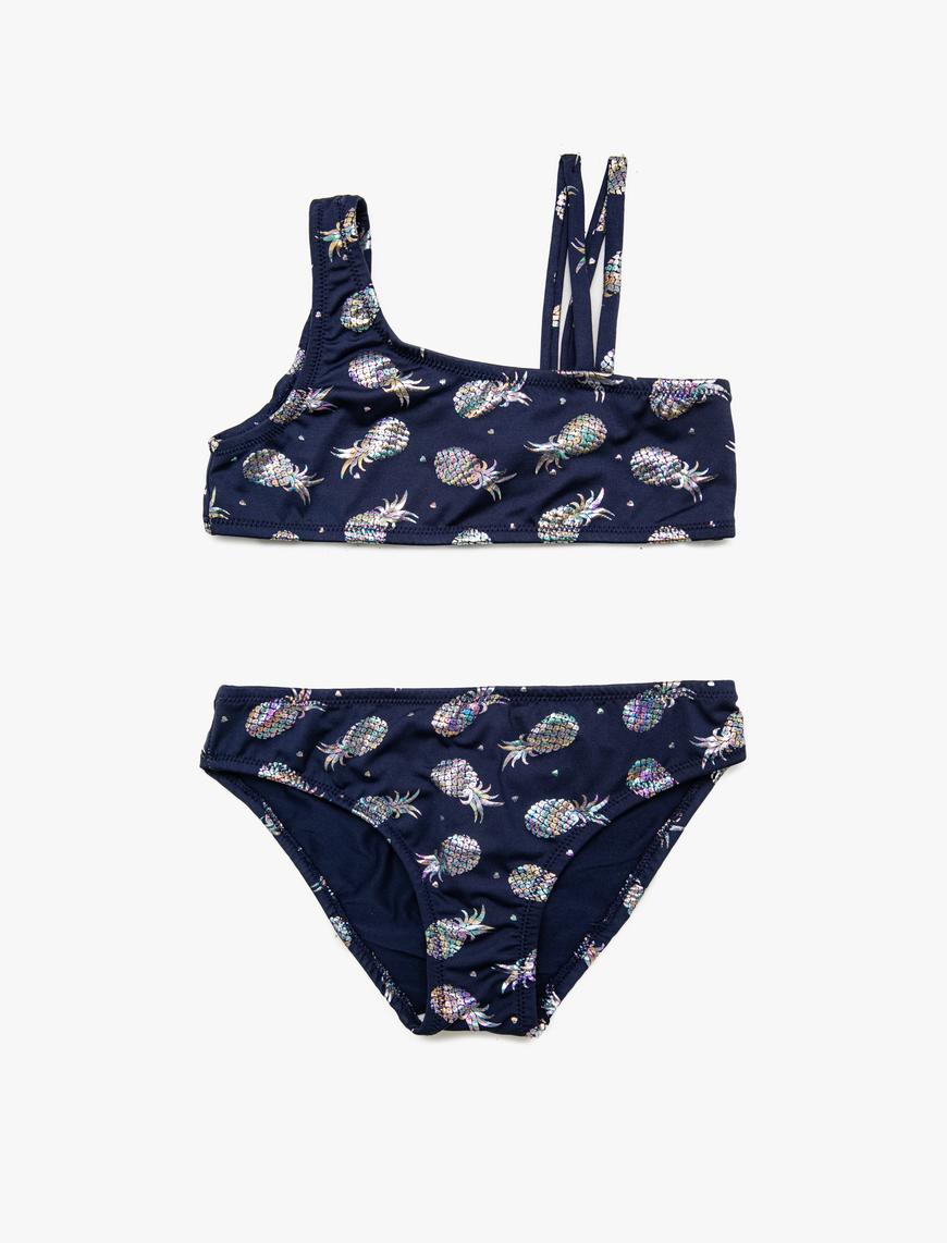  Kız Çocuk Bikini Takımı Asimetrik Kesim Parıltılı Ananas Baskılı