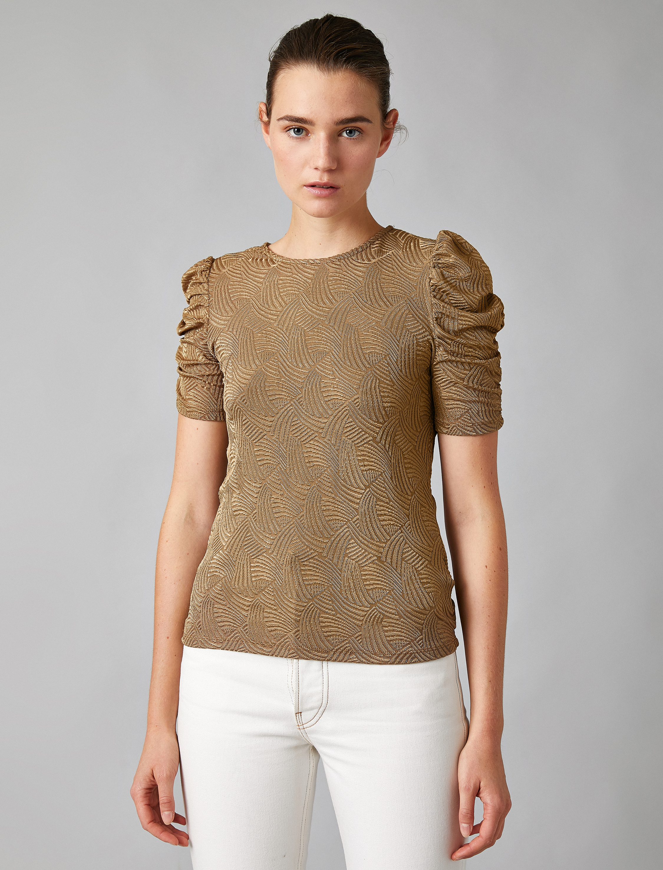   Bisiklet Yaka Kısa Kollu Omuz Detaylı Bluz