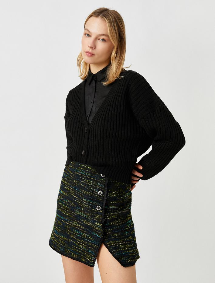  Düğmeli Yırtmaçlı Mini Tüvit Etek