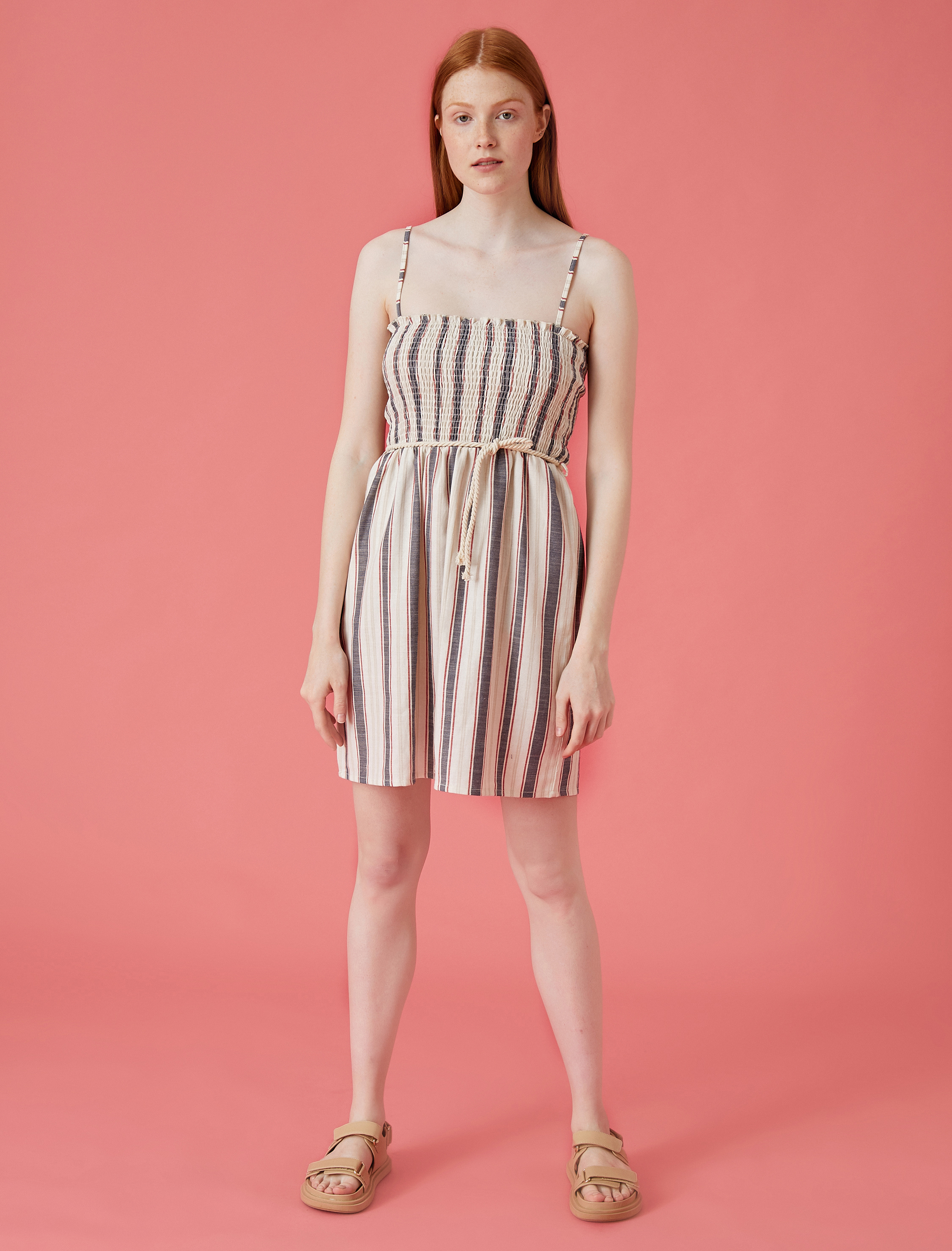   Çizgili Elbise Askılı Kemerli Pamuklu Mini