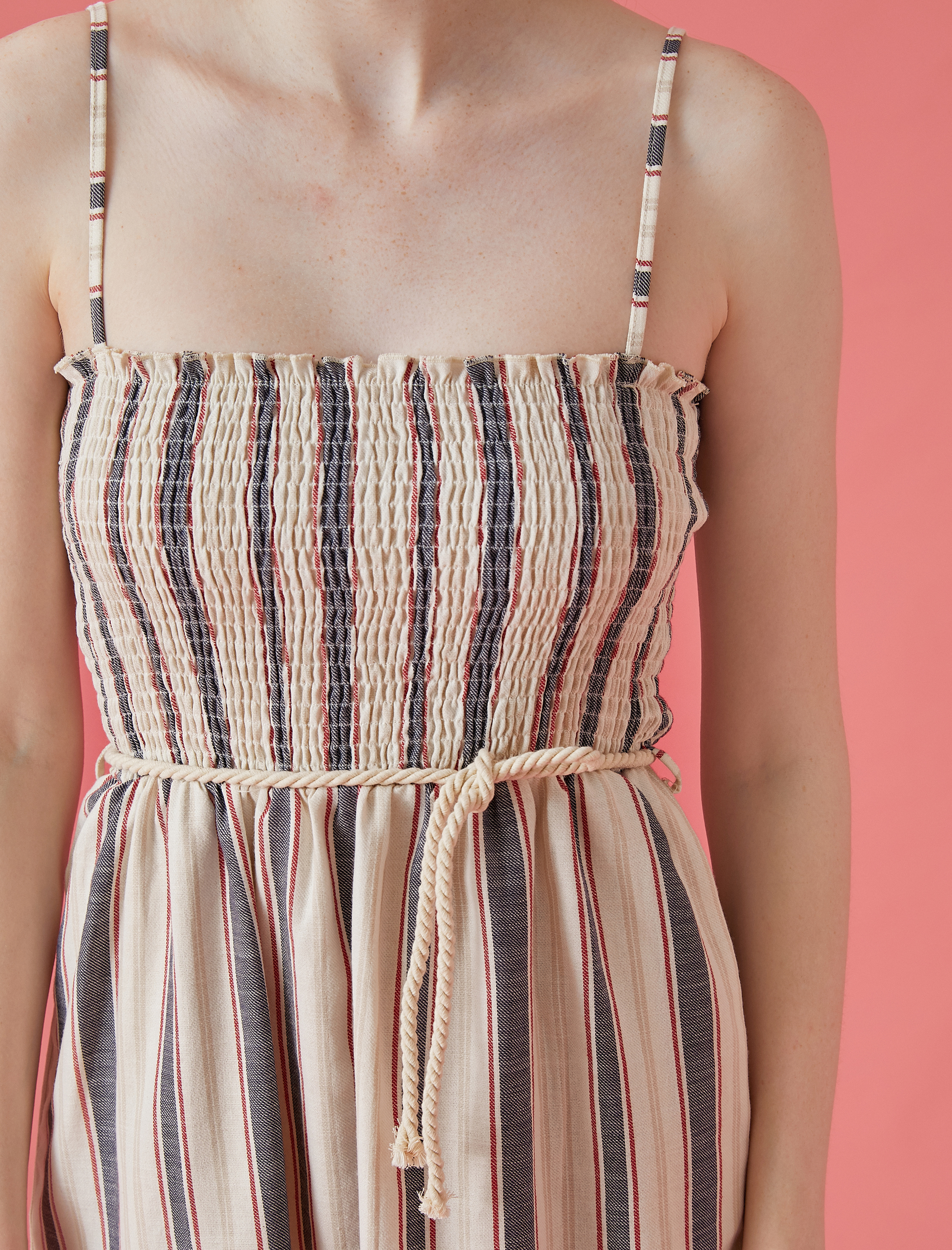   Çizgili Elbise Askılı Kemerli Pamuklu Mini