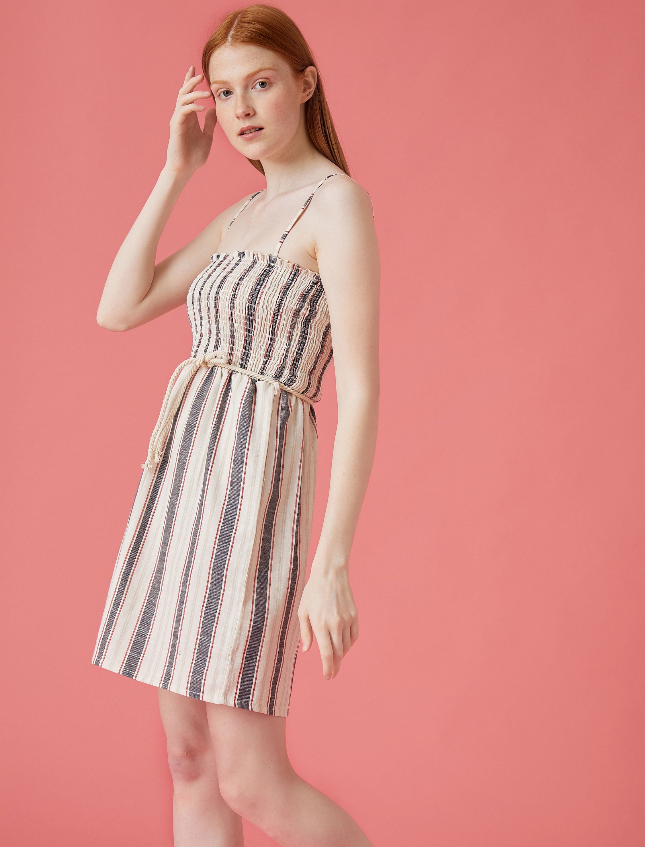   Çizgili Elbise Askılı Kemerli Pamuklu Mini