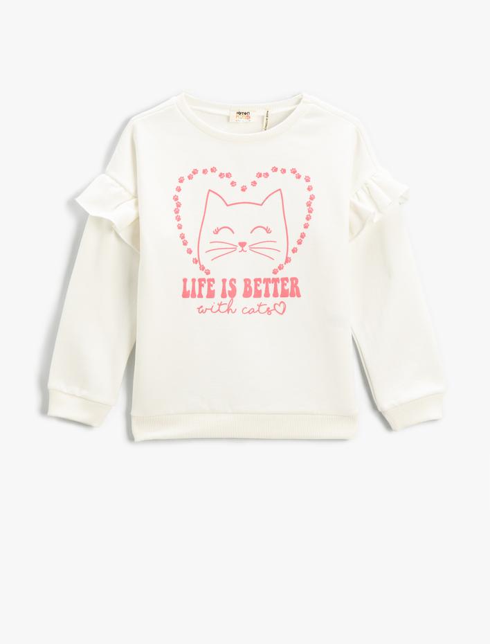 Kız Çocuk Sweatshirt Fırfırlı Uzun Kollu Baskılı Bisiklet Yaka