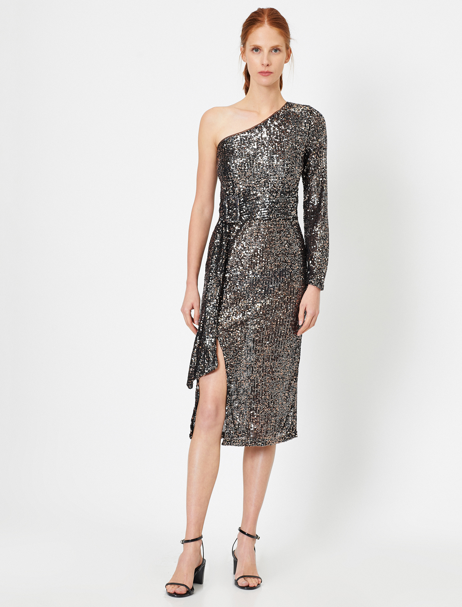   Payetli Abiye Elbise Tek Omuz Kuşaklı