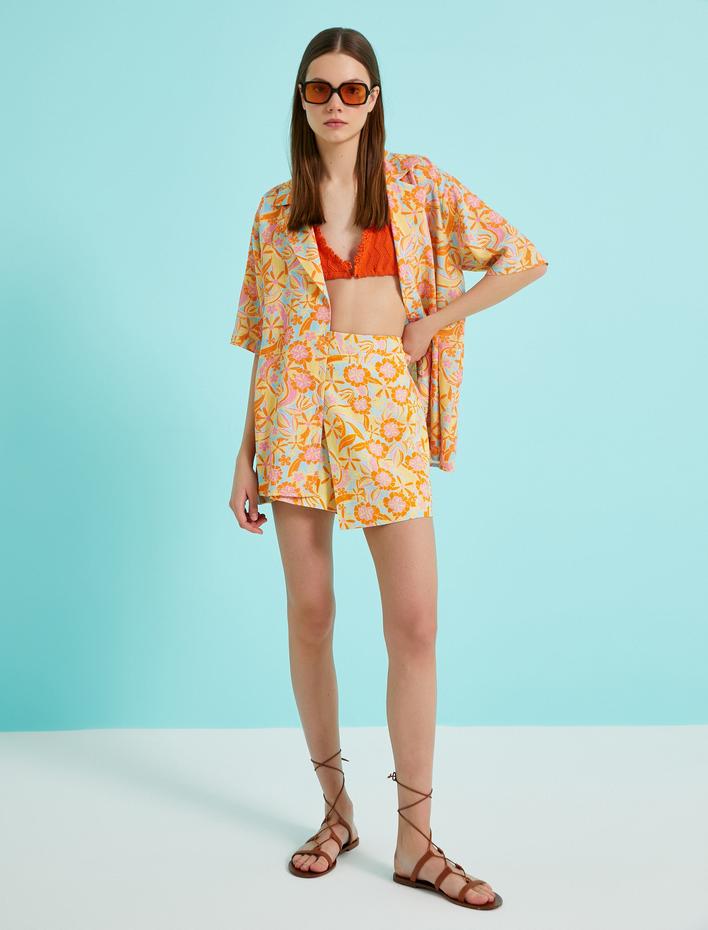  Çiçek Baskılı Mini Şort Etek Keten Karışımlı