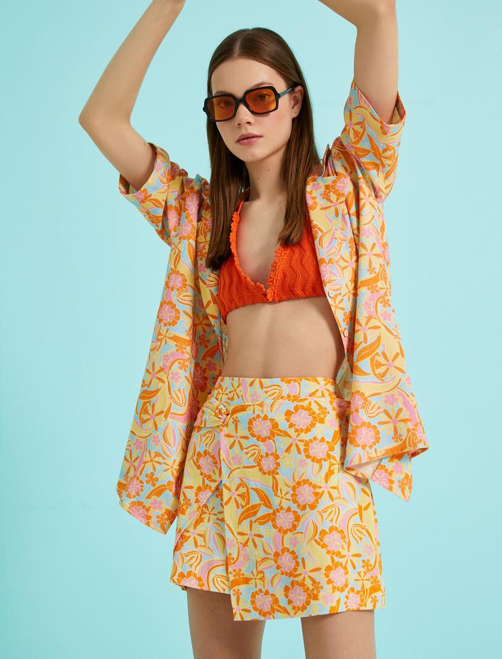  Çiçek Baskılı Mini Şort Etek Keten Karışımlı