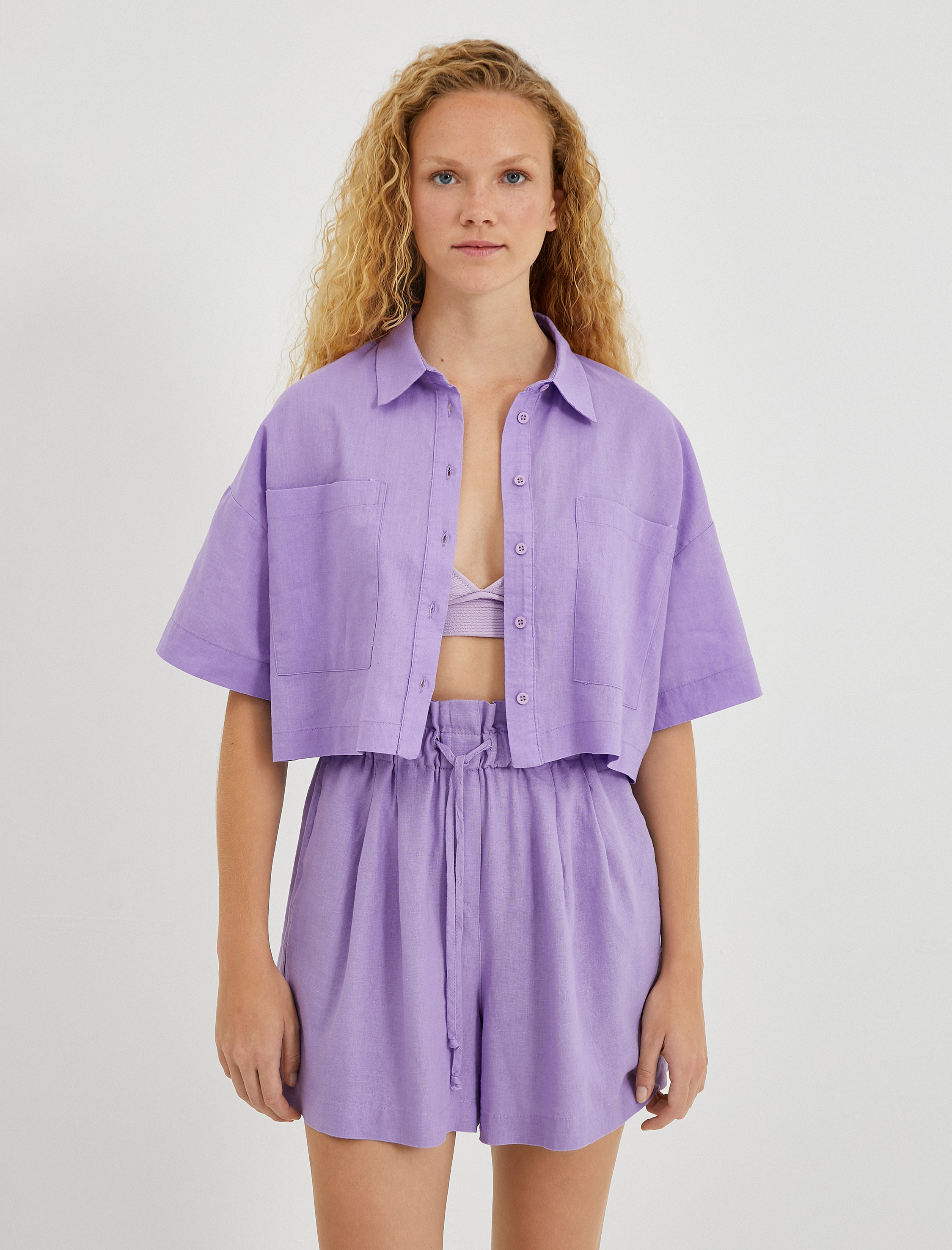 Oversize Crop Gömlek Keten Karışımlı