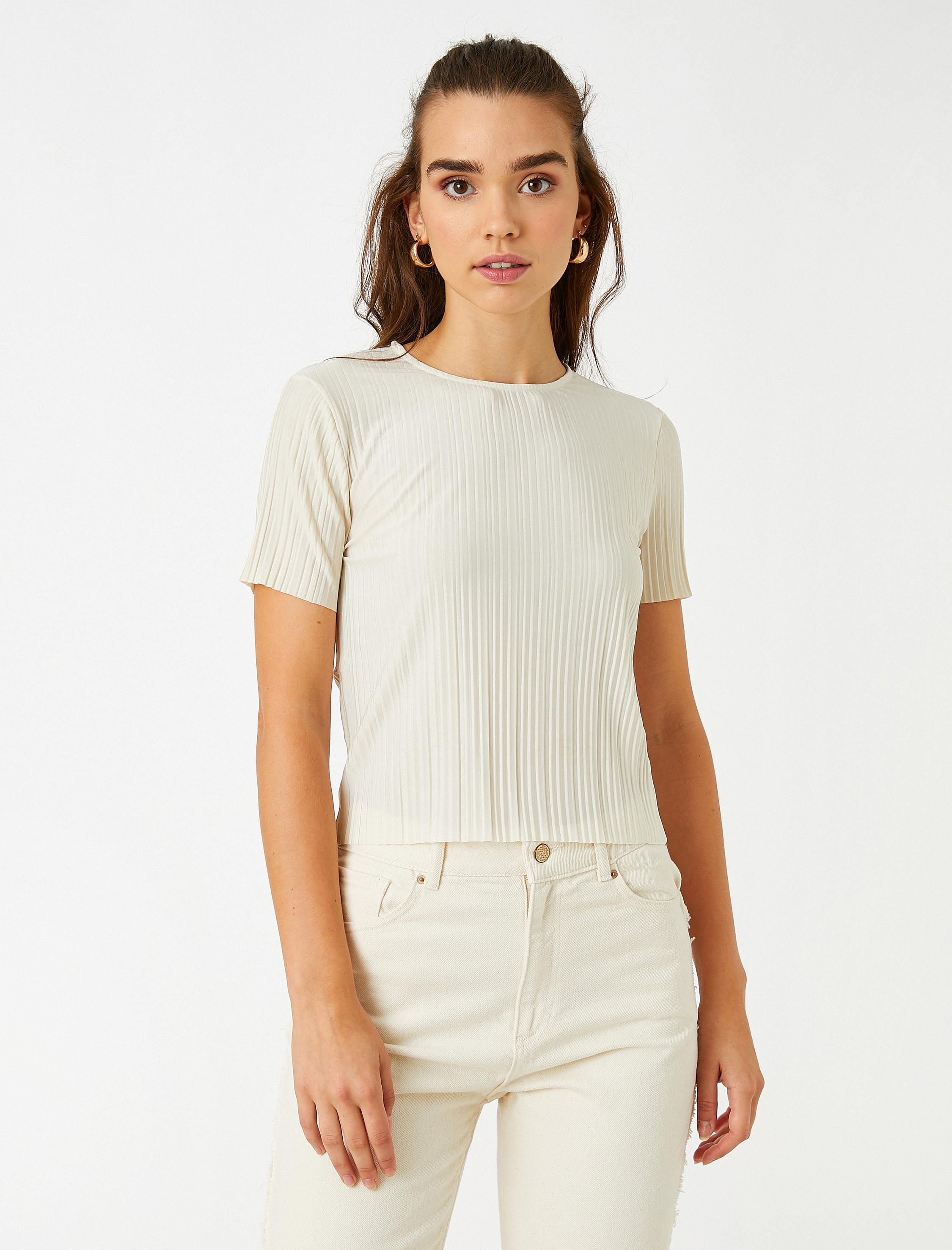   Çizgili Tişört Bisiklet Yaka Kısa Kollu