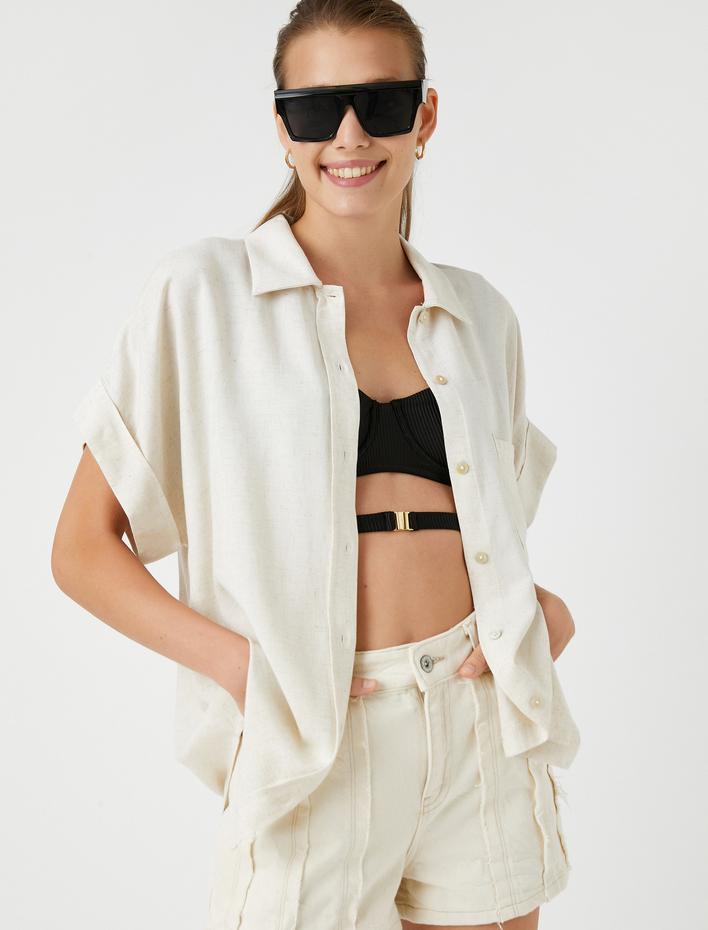  Kısa Kollu Gömlek Cep Detaylı Keten Karışımlı