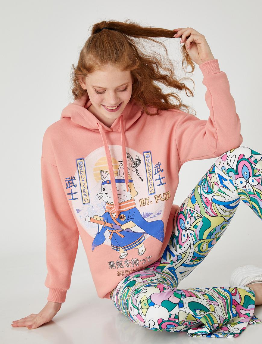   Oversize Sweatshirt Baskılı Kapüşonlu İçi Polarlı