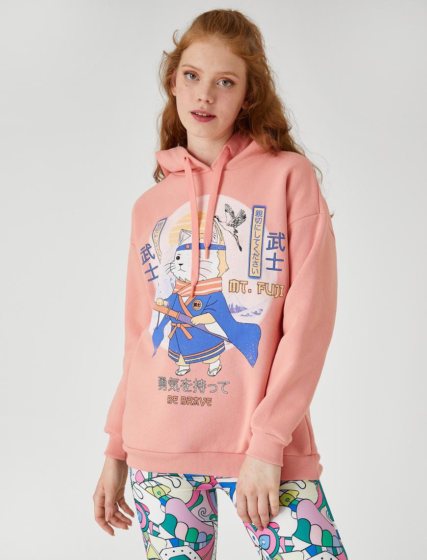   Oversize Sweatshirt Baskılı Kapüşonlu İçi Polarlı
