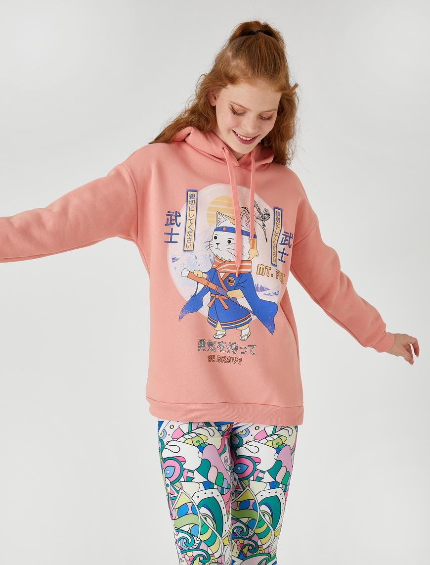   Oversize Sweatshirt Baskılı Kapüşonlu İçi Polarlı