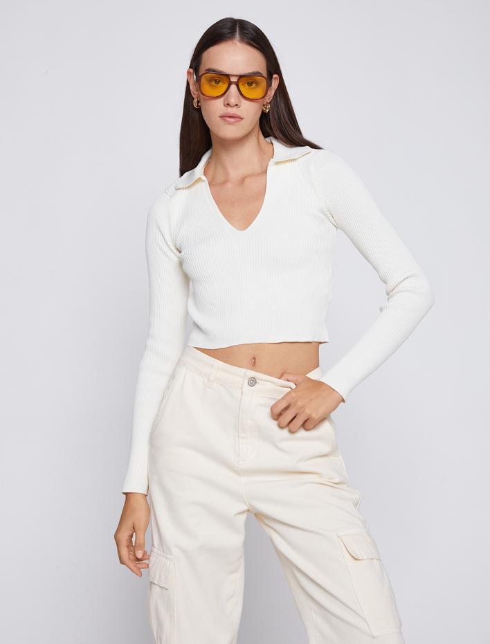  Polo Yaka Crop Triko Kazak Uzun Kollu