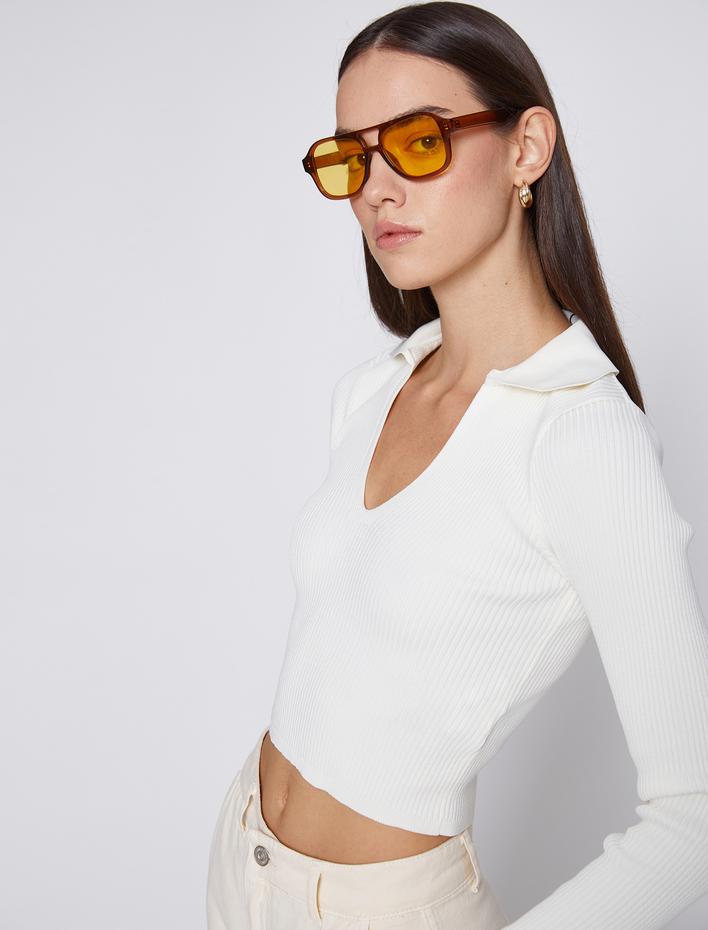  Polo Yaka Crop Triko Kazak Uzun Kollu