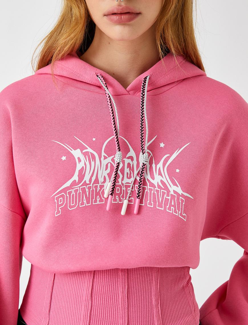   Korseli Sweatshirt Baskılı Kapüşonlu İçi Polarlı