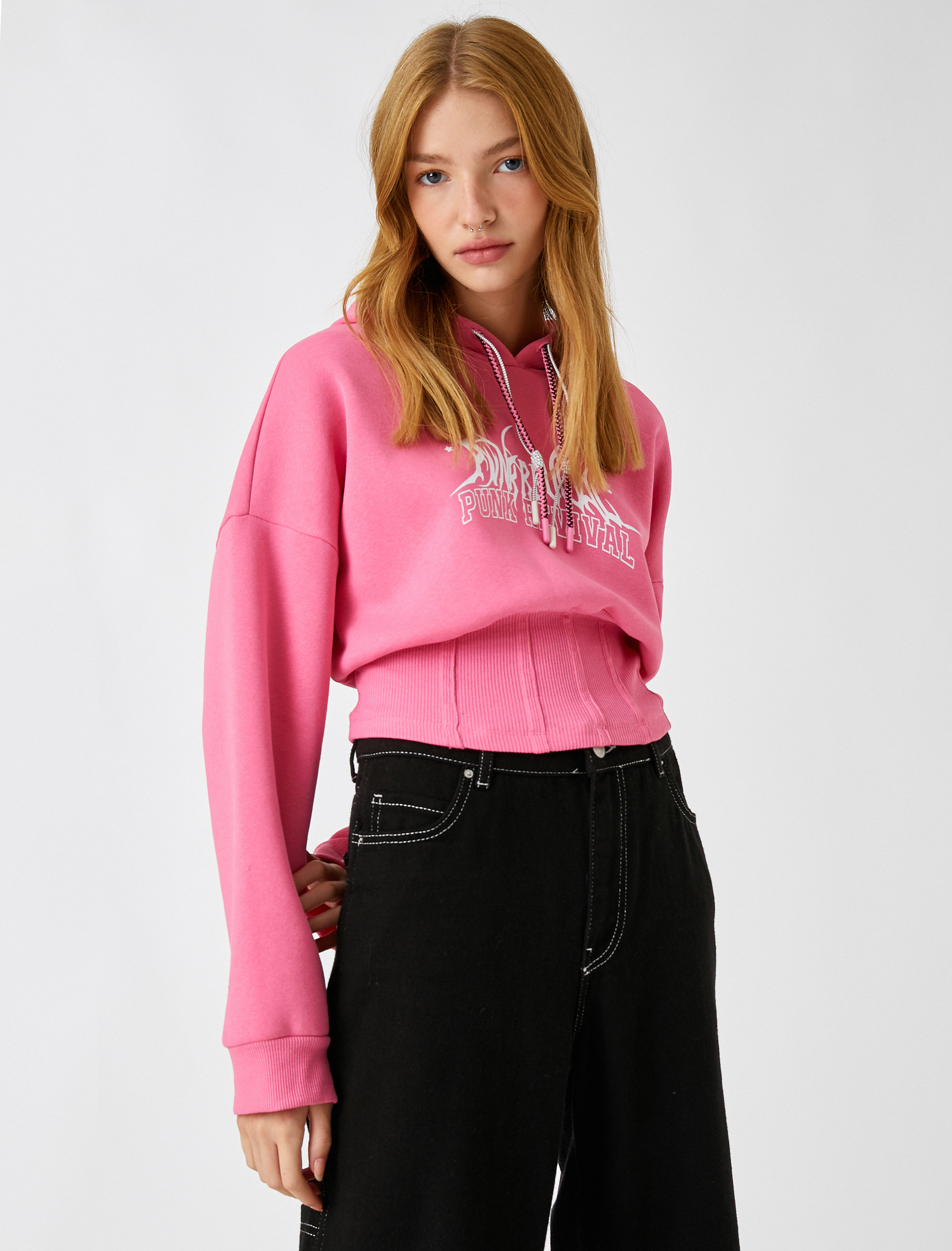   Korseli Sweatshirt Baskılı Kapüşonlu İçi Polarlı