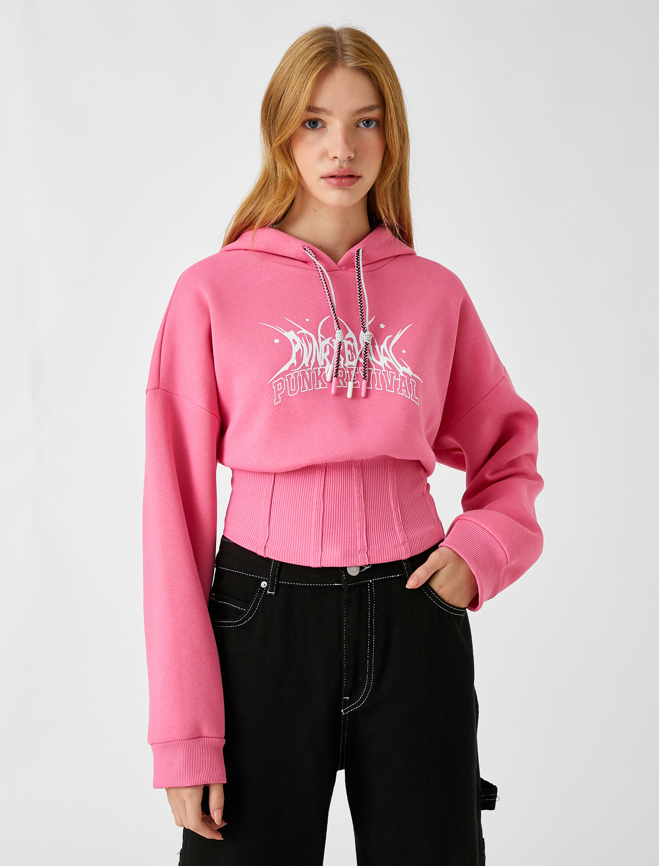   Korseli Sweatshirt Baskılı Kapüşonlu İçi Polarlı