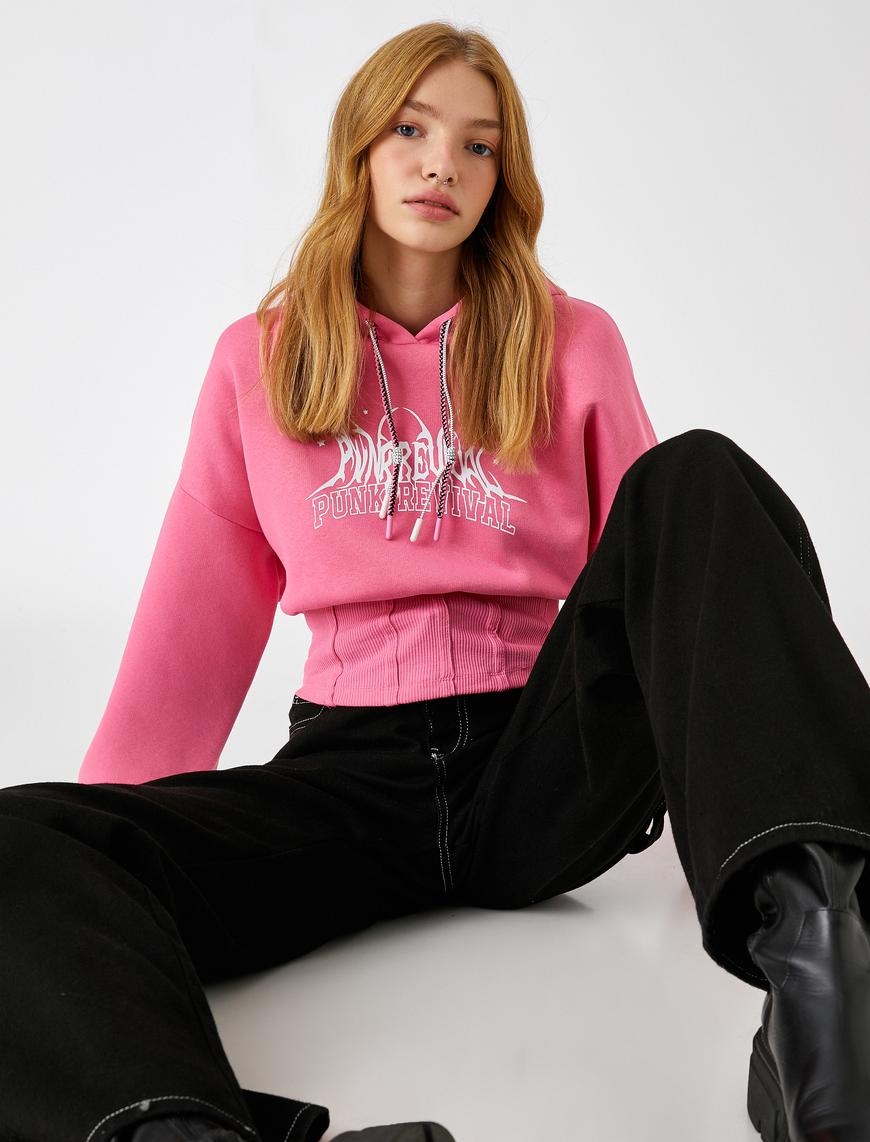   Korseli Sweatshirt Baskılı Kapüşonlu İçi Polarlı