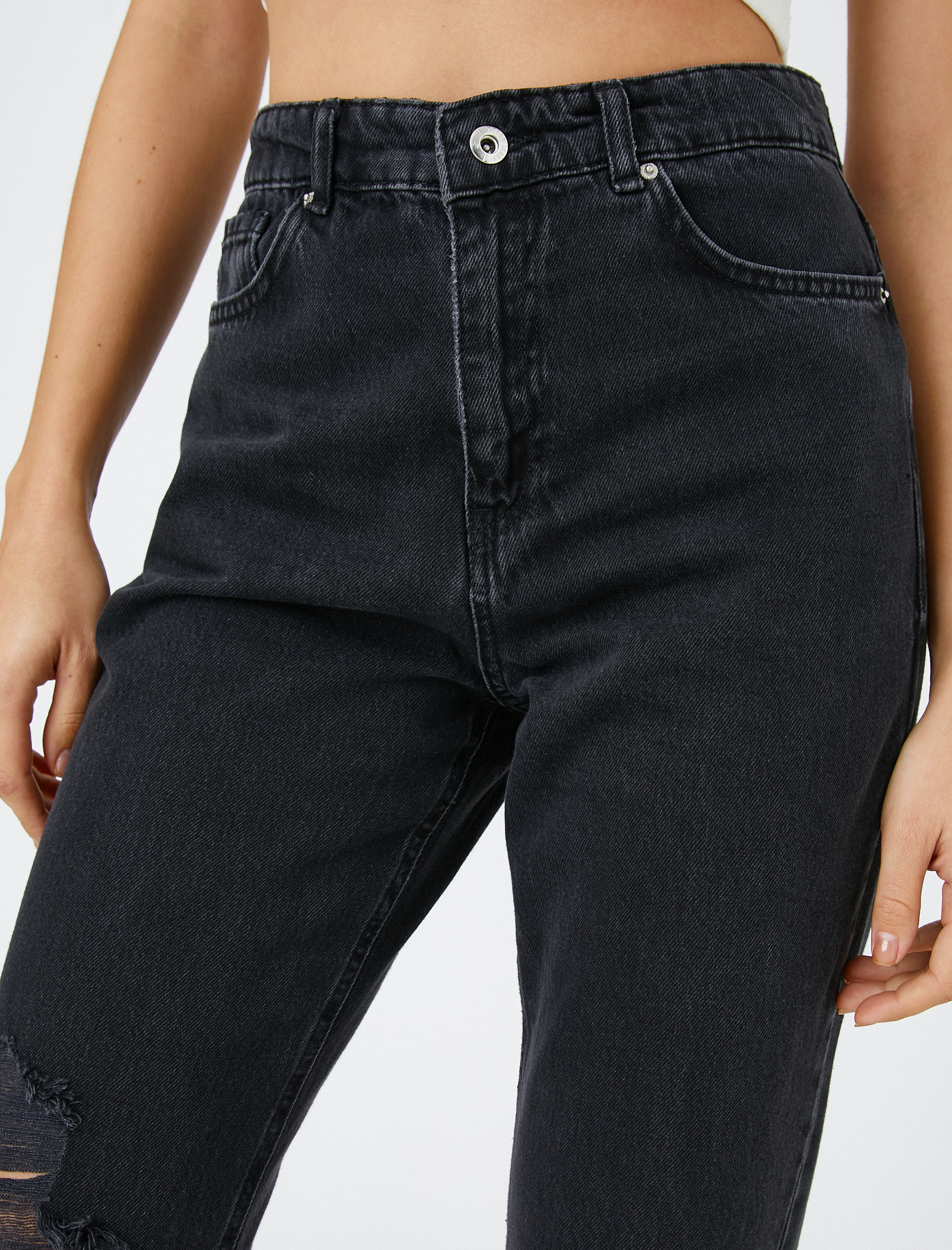   Yırtık Yüksek Bel Kot Pantolon Hafif Dar Paça - Mom Jean