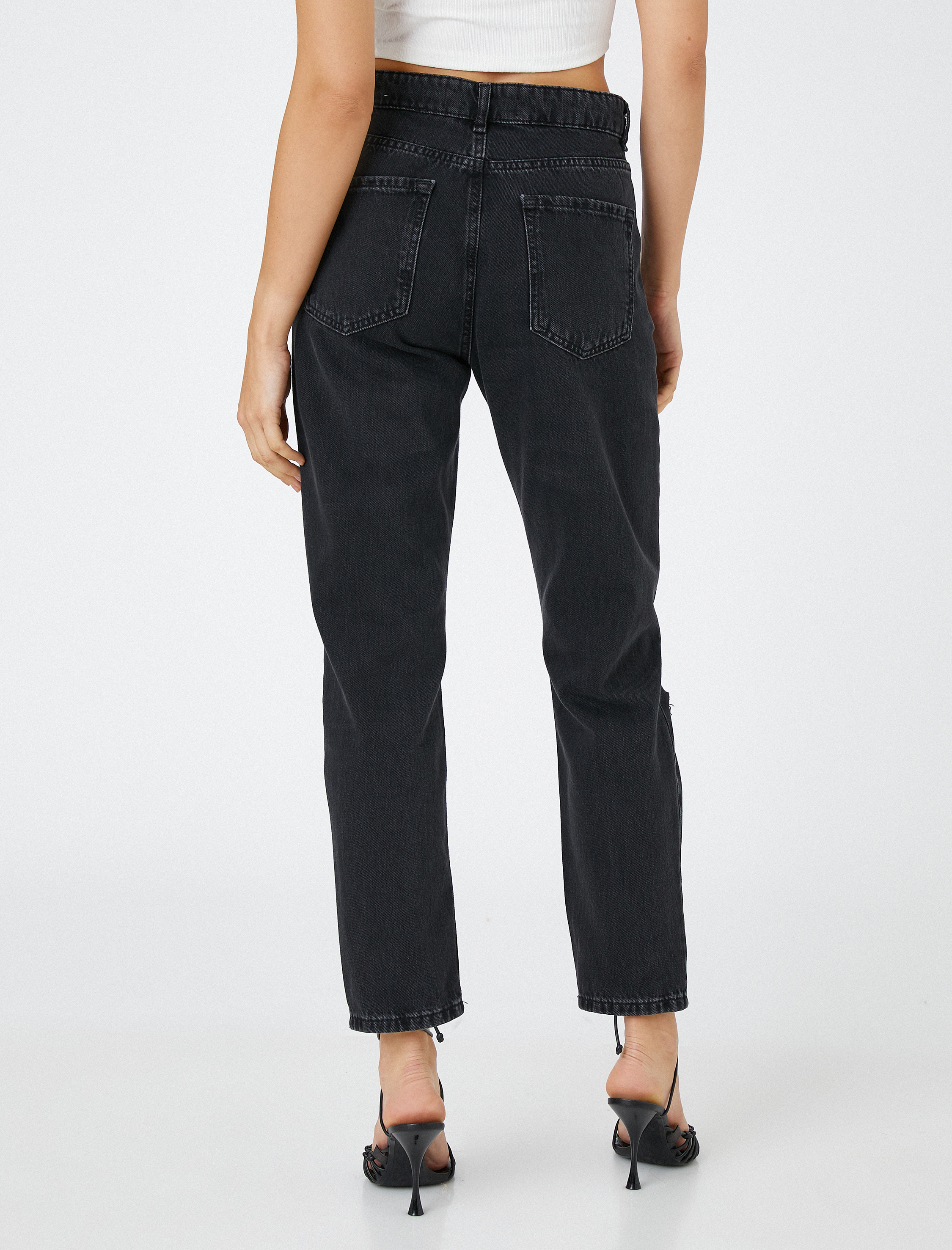   Yırtık Yüksek Bel Kot Pantolon Hafif Dar Paça - Mom Jean