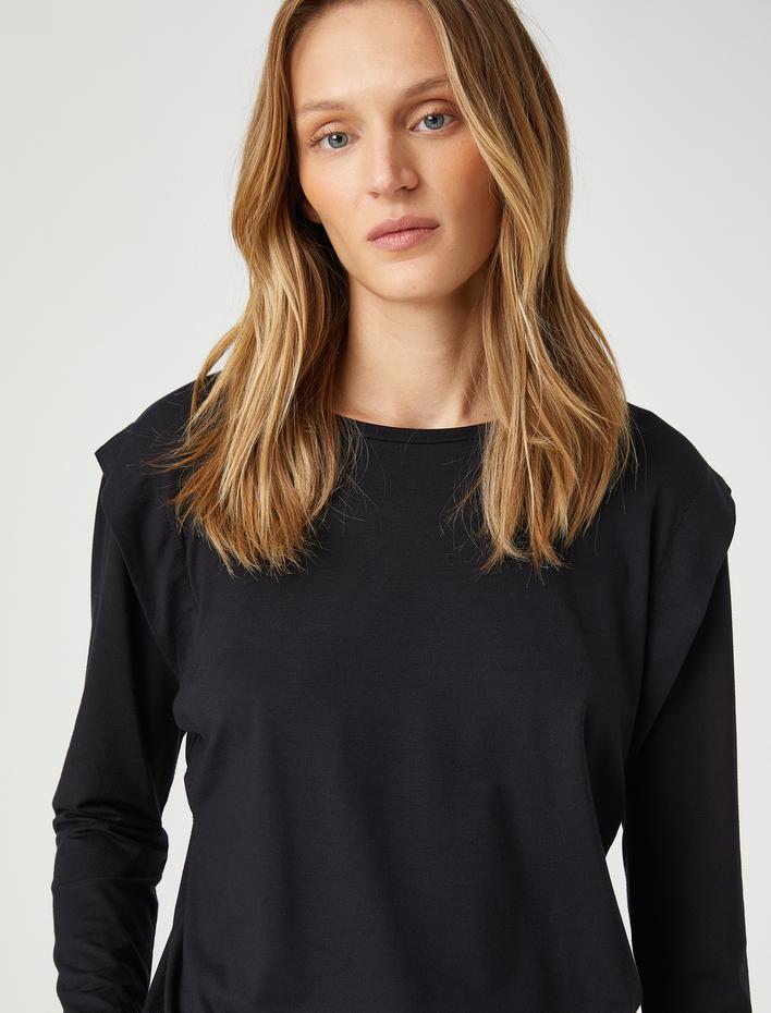  Uzun Kollu Tişört Yuvarlak Yaka Omuz Detaylı