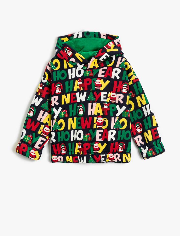 Erkek Bebek Kapşonlu Sweatshirt Yılbaşı Temalı Noel Baba Baskılı Manşetleri ve Beli Lastikli Şardonlu