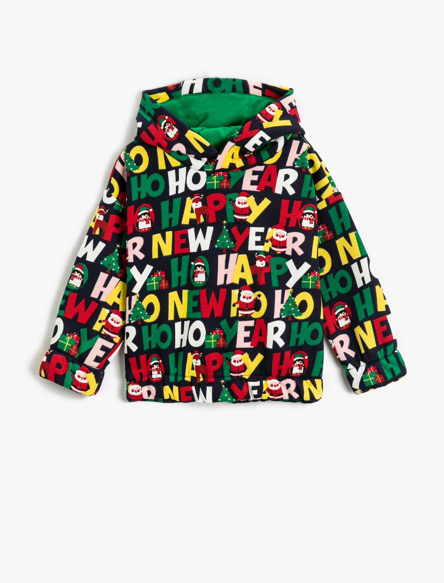  Erkek Bebek Kapşonlu Sweatshirt Yılbaşı Temalı Noel Baba Baskılı Manşetleri ve Beli Lastikli Şardonlu