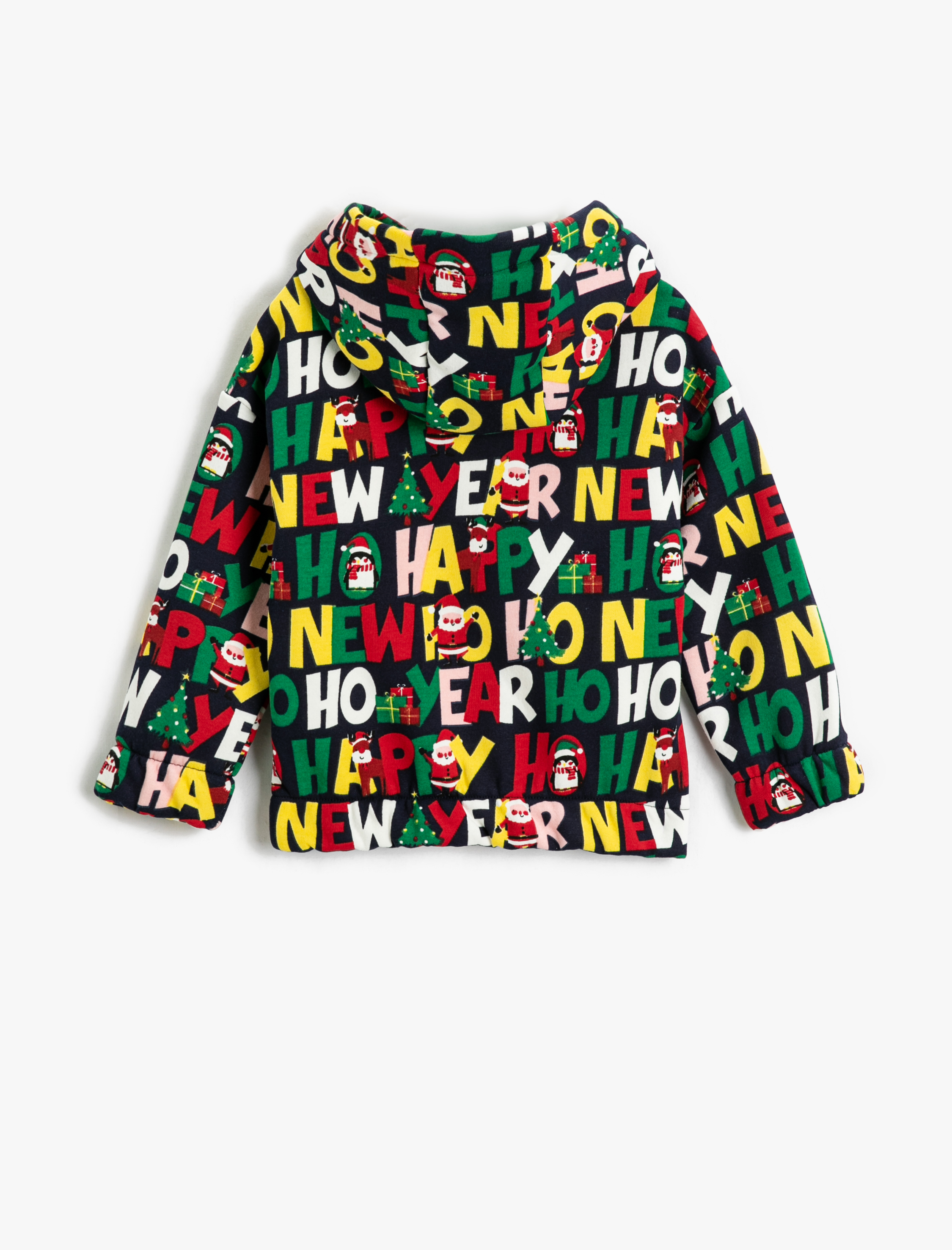  Erkek Bebek Kapşonlu Sweatshirt Yılbaşı Temalı Noel Baba Baskılı Manşetleri ve Beli Lastikli Şardonlu