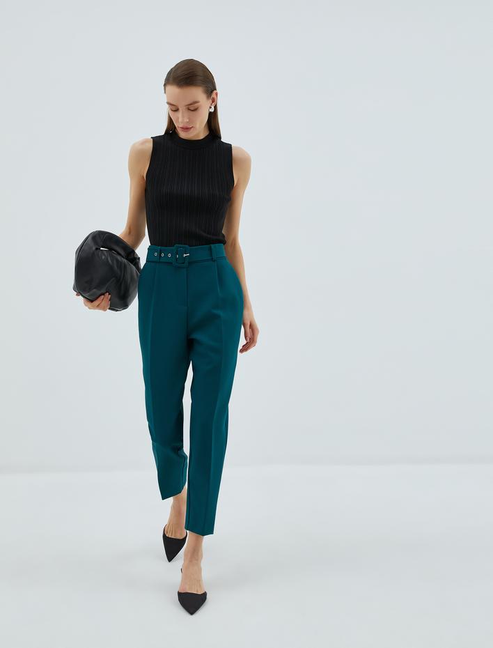  Yüksek Bel Kumaş Pantolon Düz Paça Kemerli