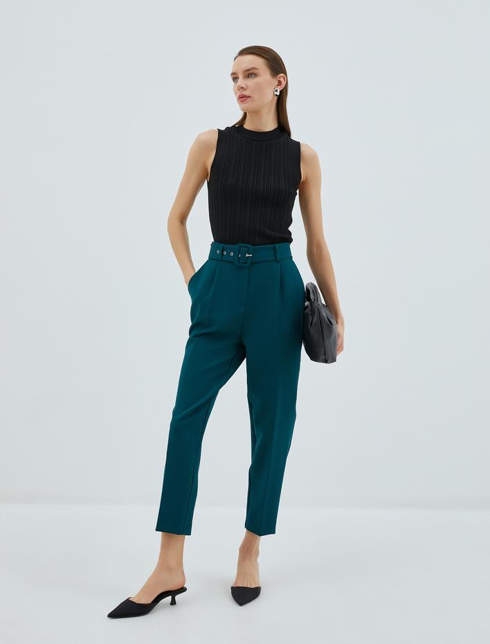  Yüksek Bel Kumaş Pantolon Düz Paça Kemerli