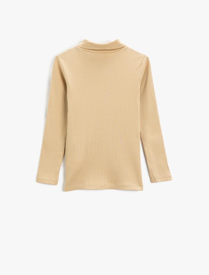 Kız Çocuk Balıkçı Yaka Fitilli Basic Tişört Uzun Kollu Pamuklu