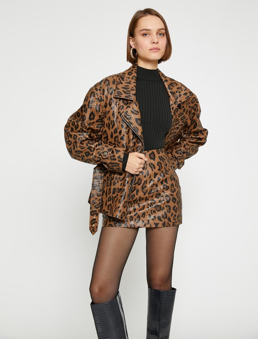   Leopar Desenli Kroko Suni Deri Mini Etek