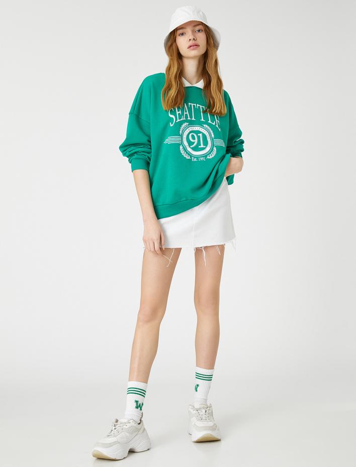  Oversize Sweatshirt Polo Yaka Kolej Baskılı Nakışlı