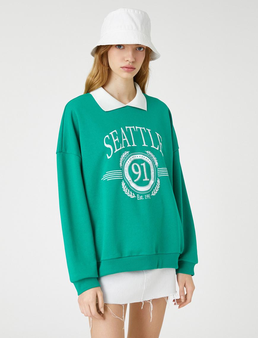   Oversize Sweatshirt Polo Yaka Kolej Baskılı Nakışlı