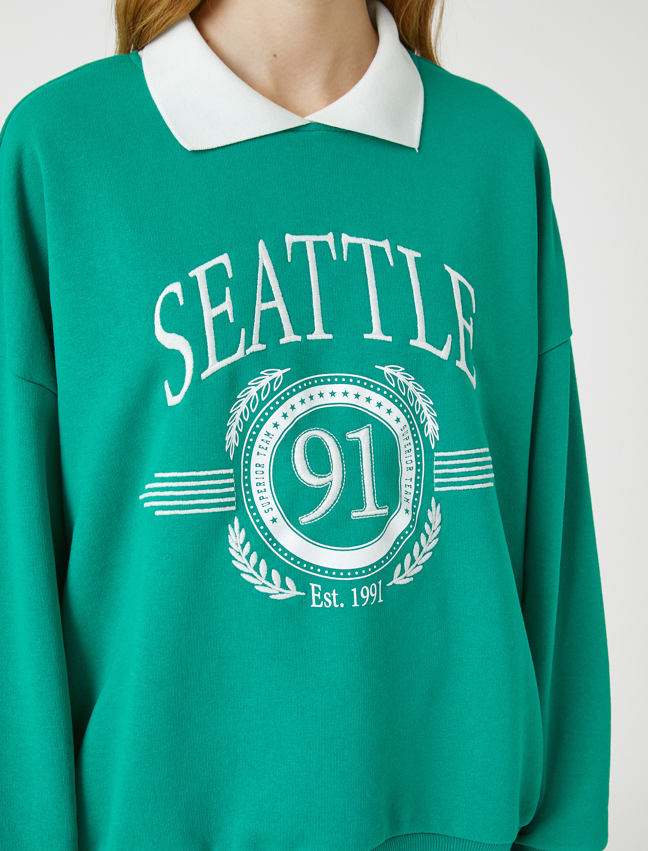   Oversize Sweatshirt Polo Yaka Kolej Baskılı Nakışlı