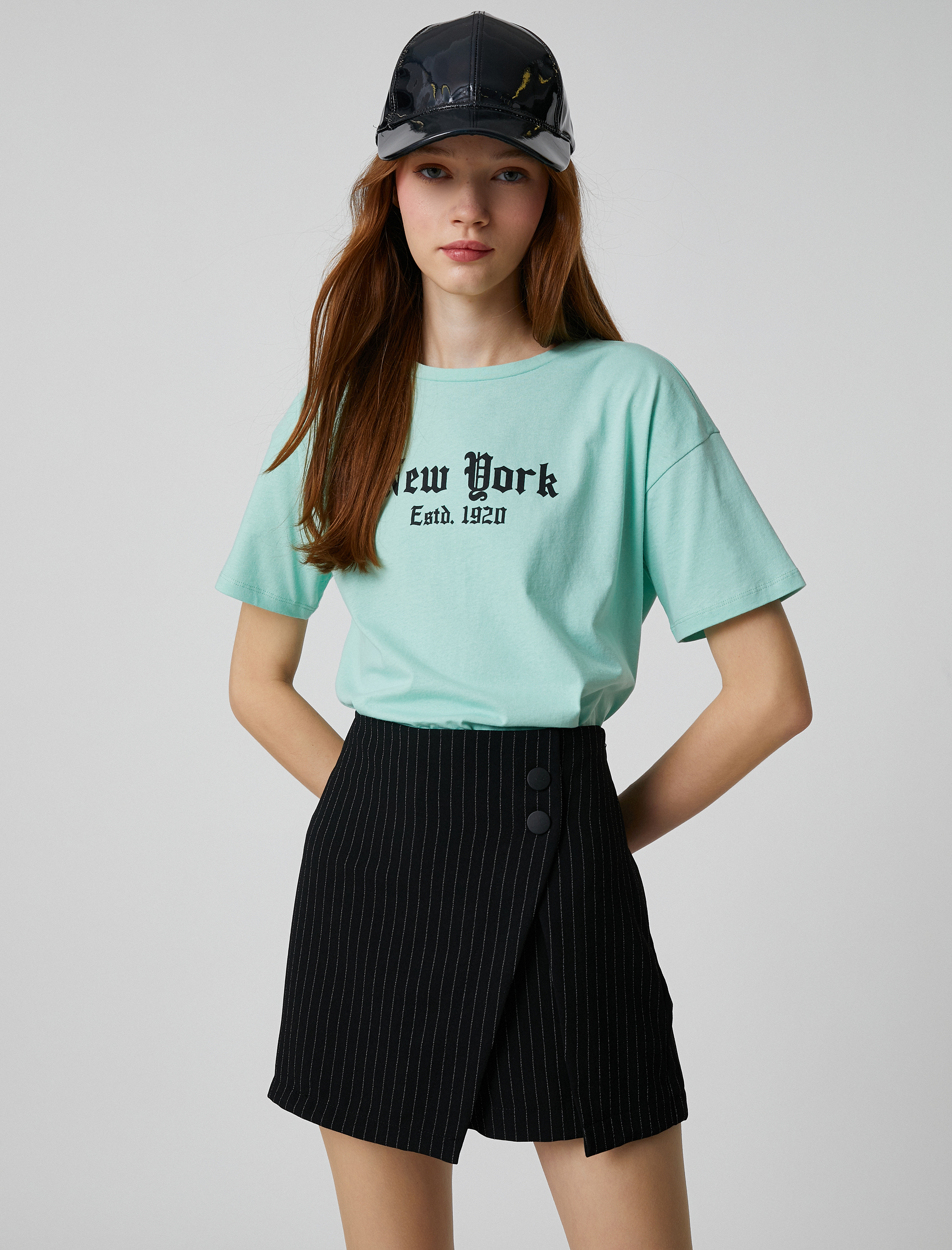   Kısa Kollu Tişört New York Baskılı Bisiklet Yaka