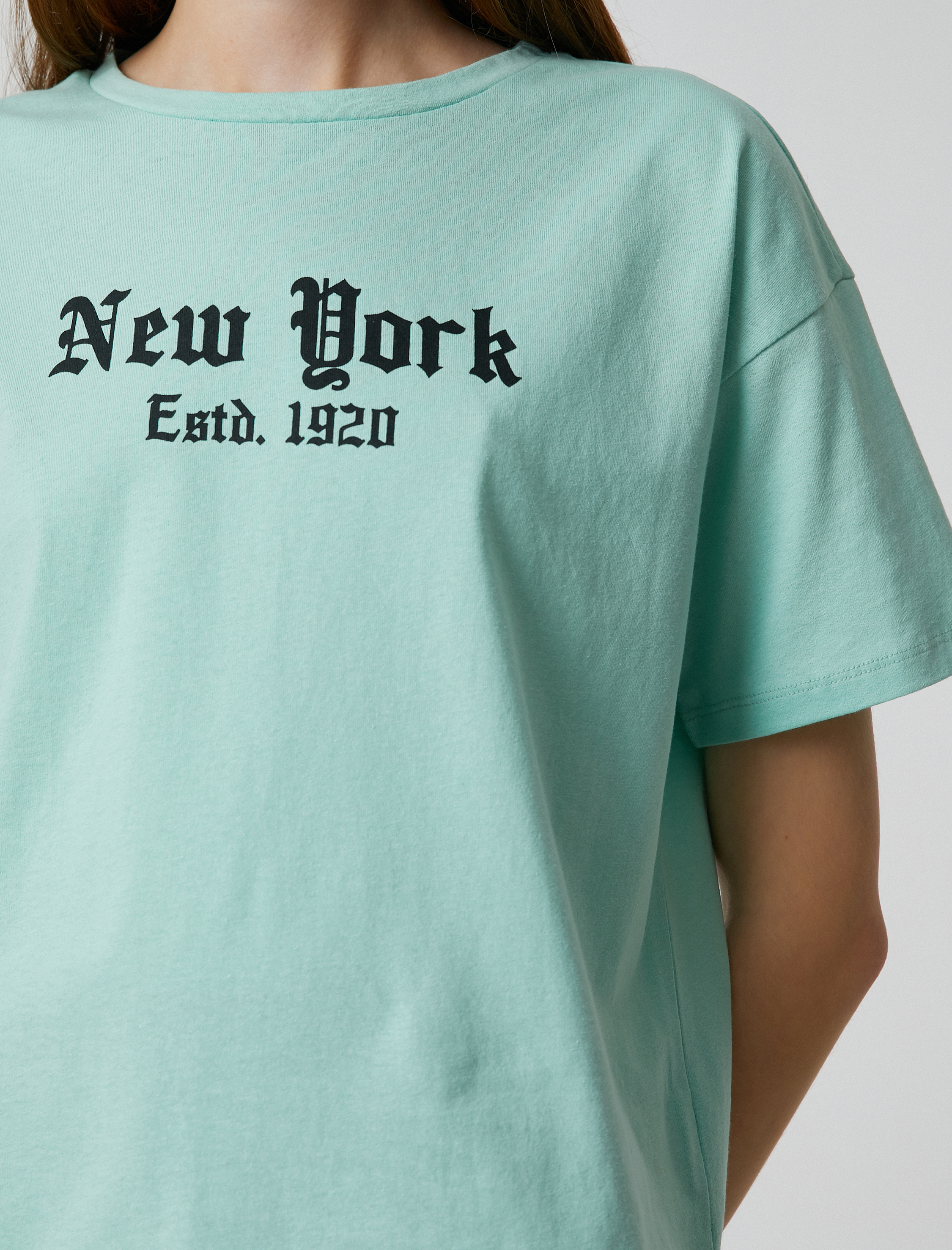   Kısa Kollu Tişört New York Baskılı Bisiklet Yaka