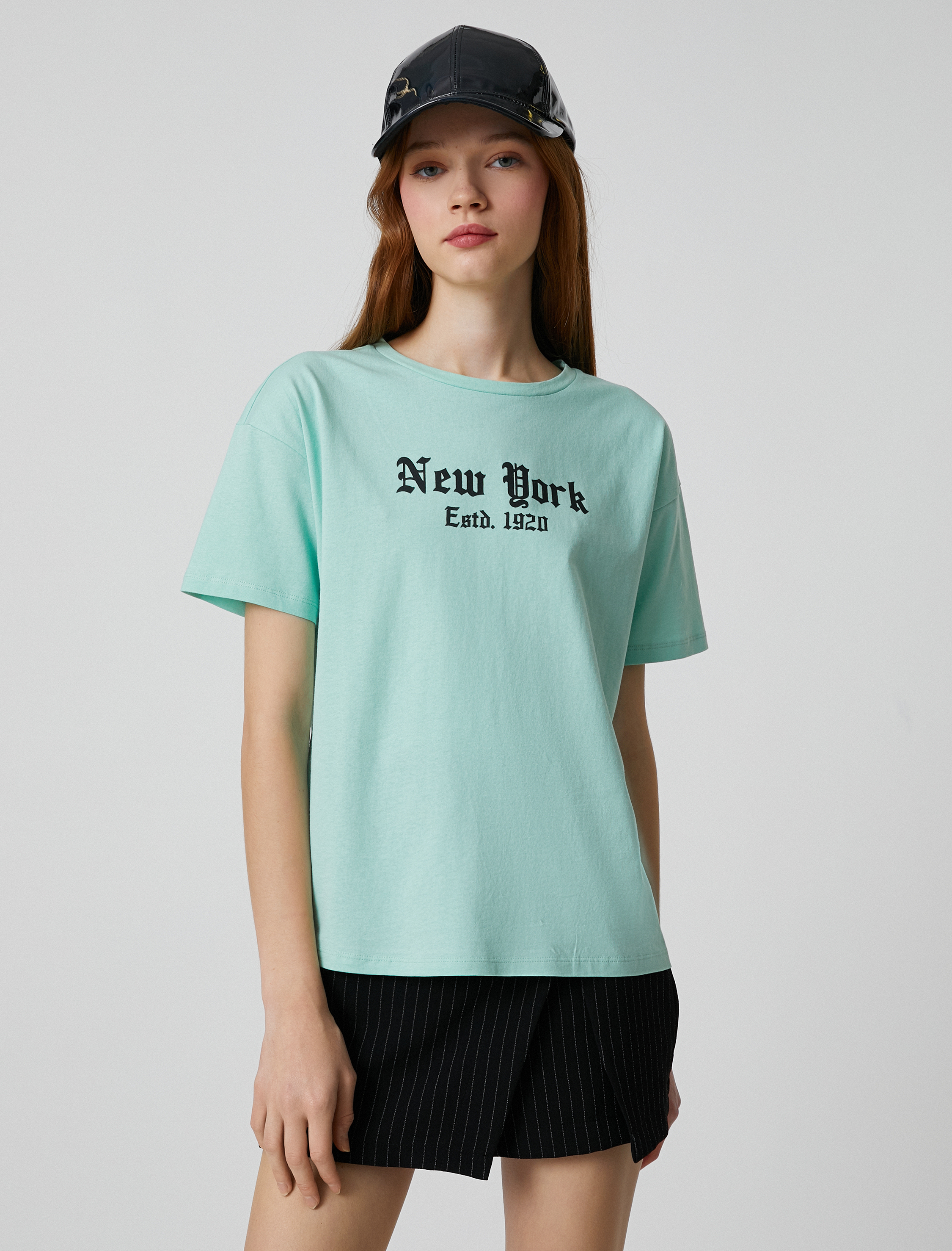   Kısa Kollu Tişört New York Baskılı Bisiklet Yaka