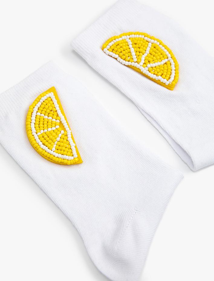 Kadın Limon Detaylı Soket Çorap Boncuk İşlemeli