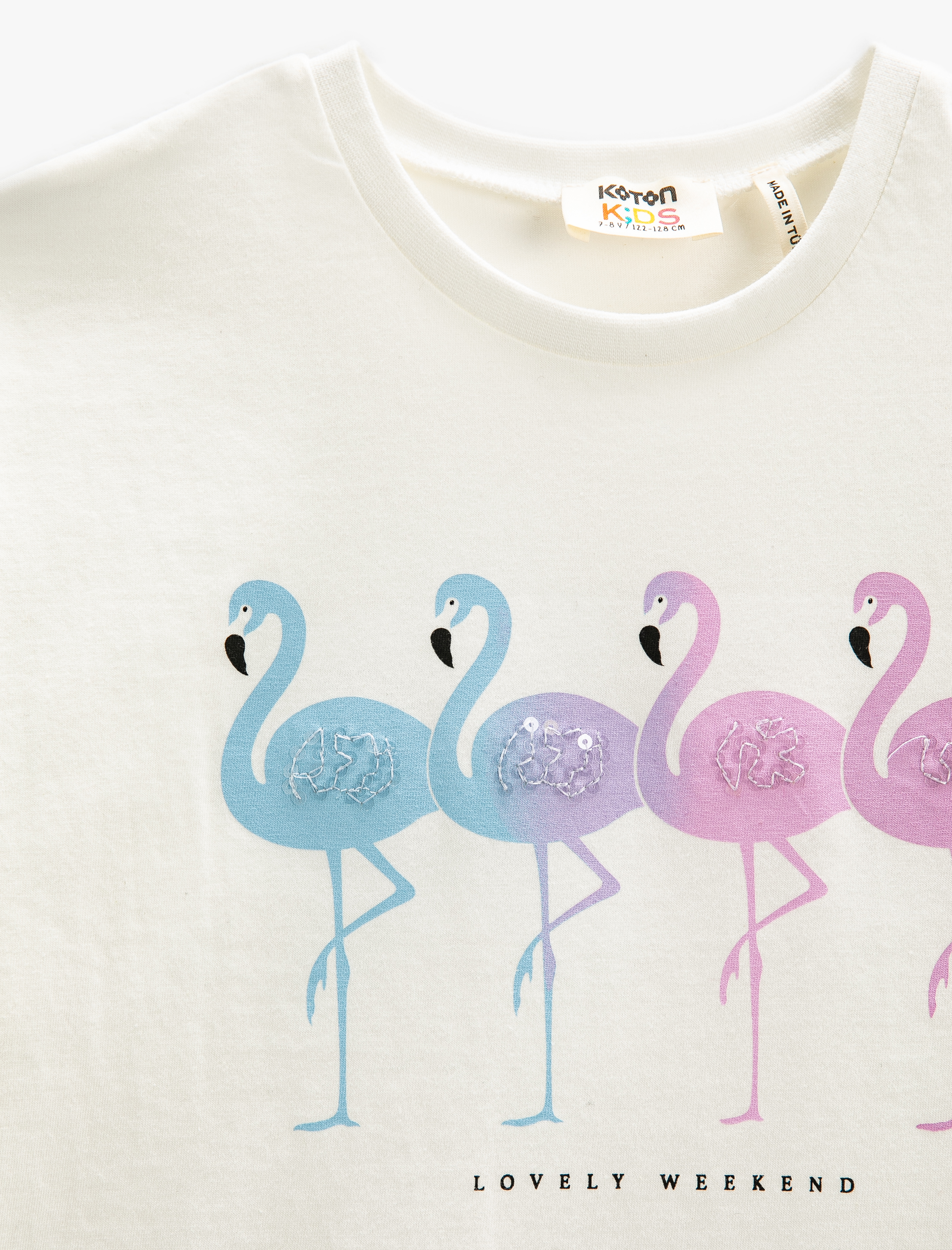  Kız Çocuk Önü Bağlamallı Tişört Kısa Kollu Bisiklet Yaka Flamingo Baskılı