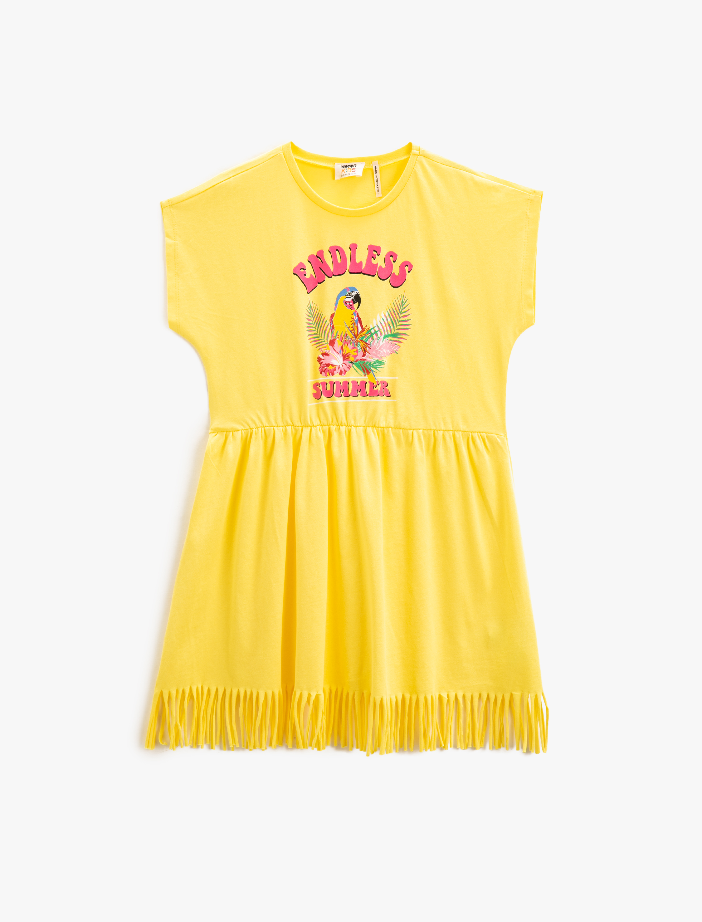  Kız Çocuk Elbise Kolsuz Püsküllü Baskılı Bisiklet Yaka