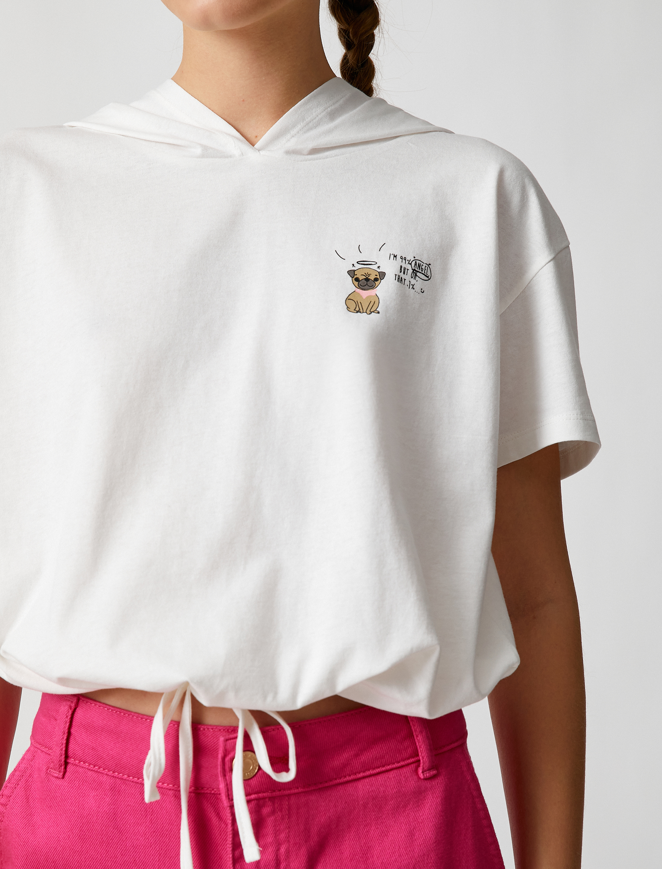   Crop Tişört Kapüşonlu Baskılı Kısa Kollu Beli Bağcıklı