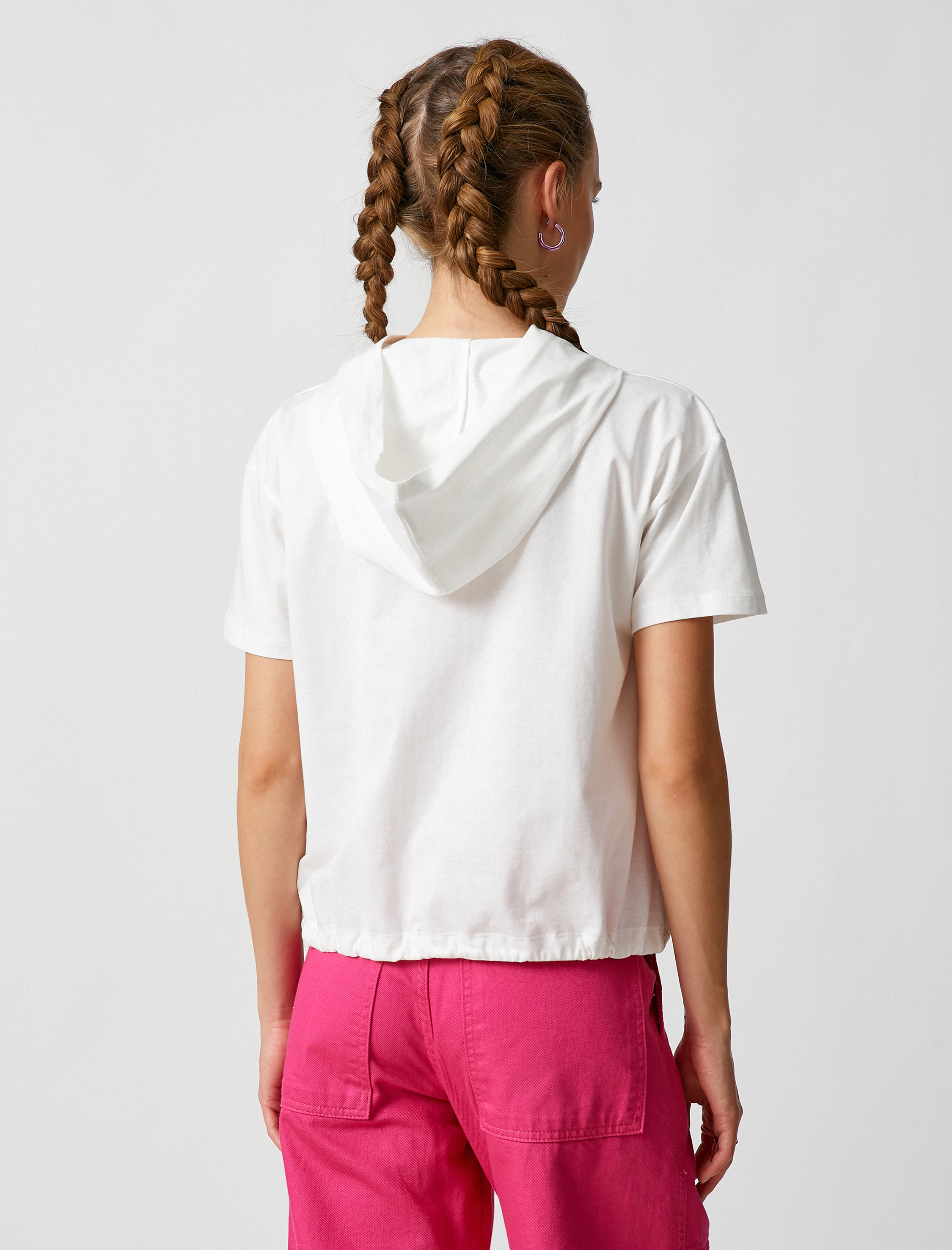   Crop Tişört Kapüşonlu Baskılı Kısa Kollu Beli Bağcıklı