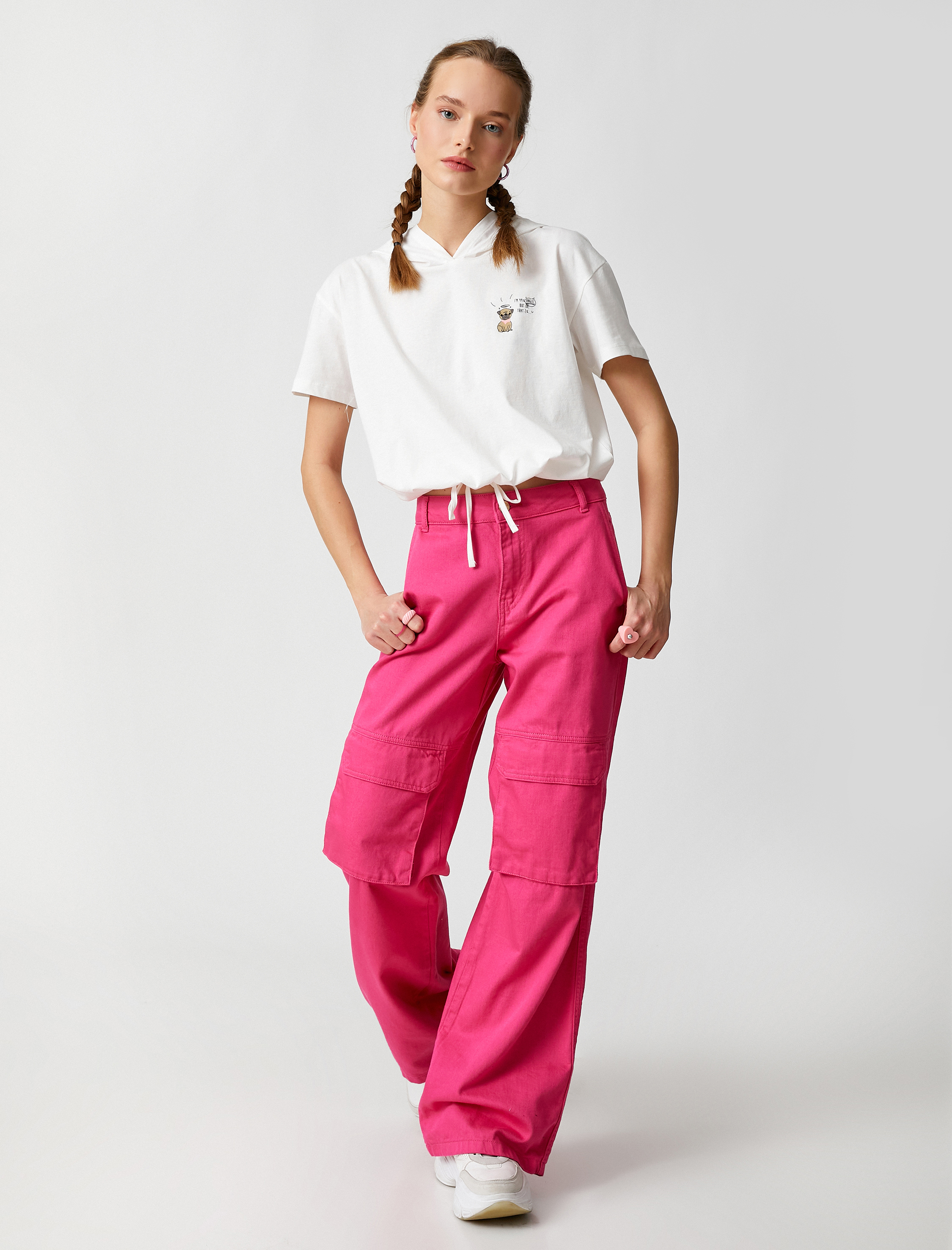   Crop Tişört Kapüşonlu Baskılı Kısa Kollu Beli Bağcıklı