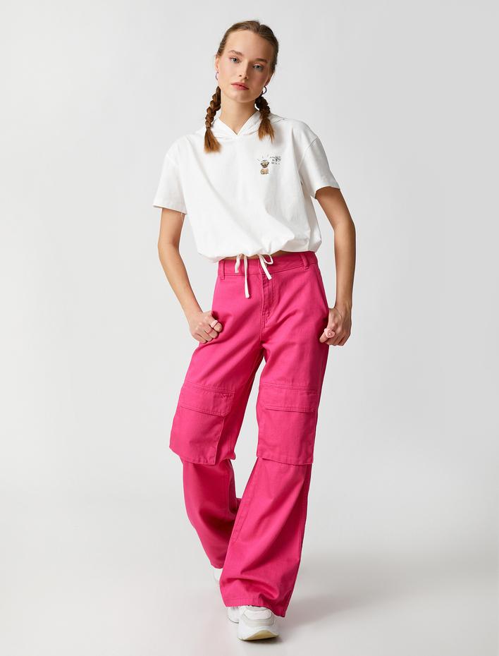  Crop Tişört Kapüşonlu Baskılı Kısa Kollu Beli Bağcıklı