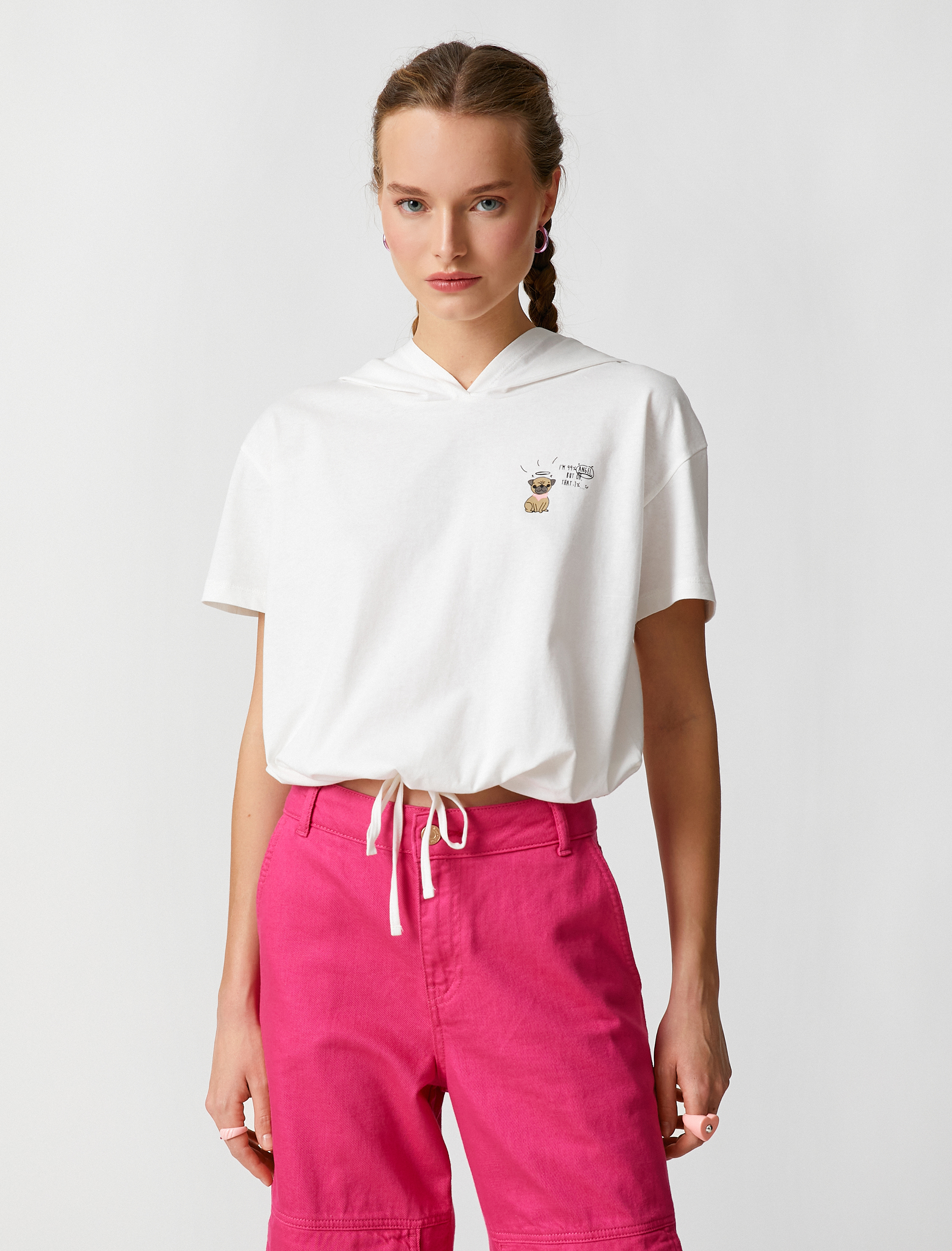   Crop Tişört Kapüşonlu Baskılı Kısa Kollu Beli Bağcıklı