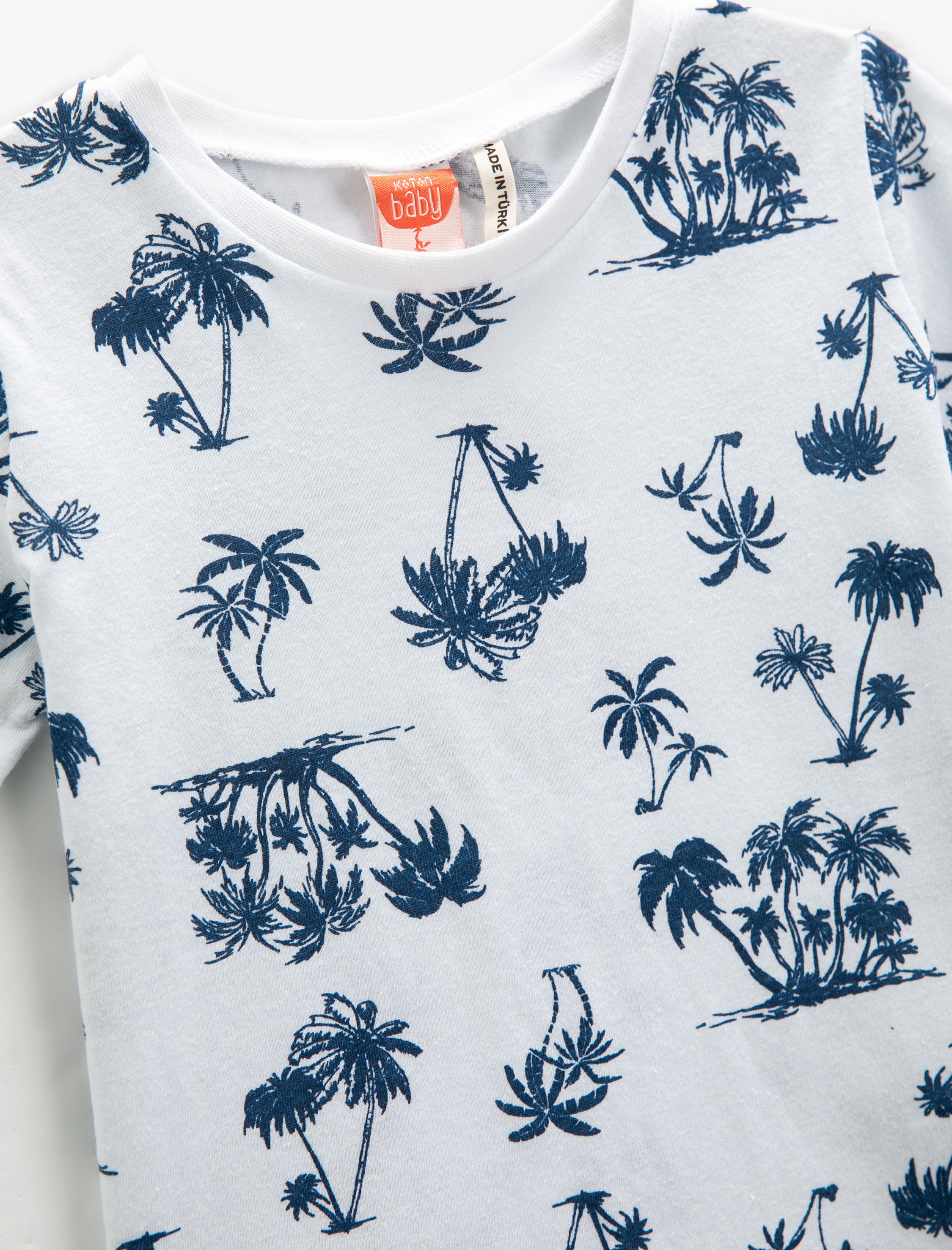  Erkek Bebek Palmiye Baskılı Kısa Kollu Tişört Bisiklet Yaka